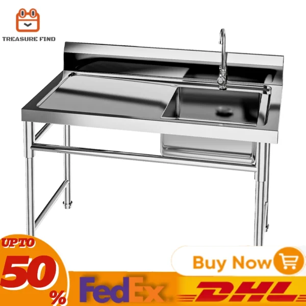 304 Stainless Steel Sink Single Bowl Commercial Kitchen Sink w/Workbench, Stainless Steel 47" x 24" x 32"